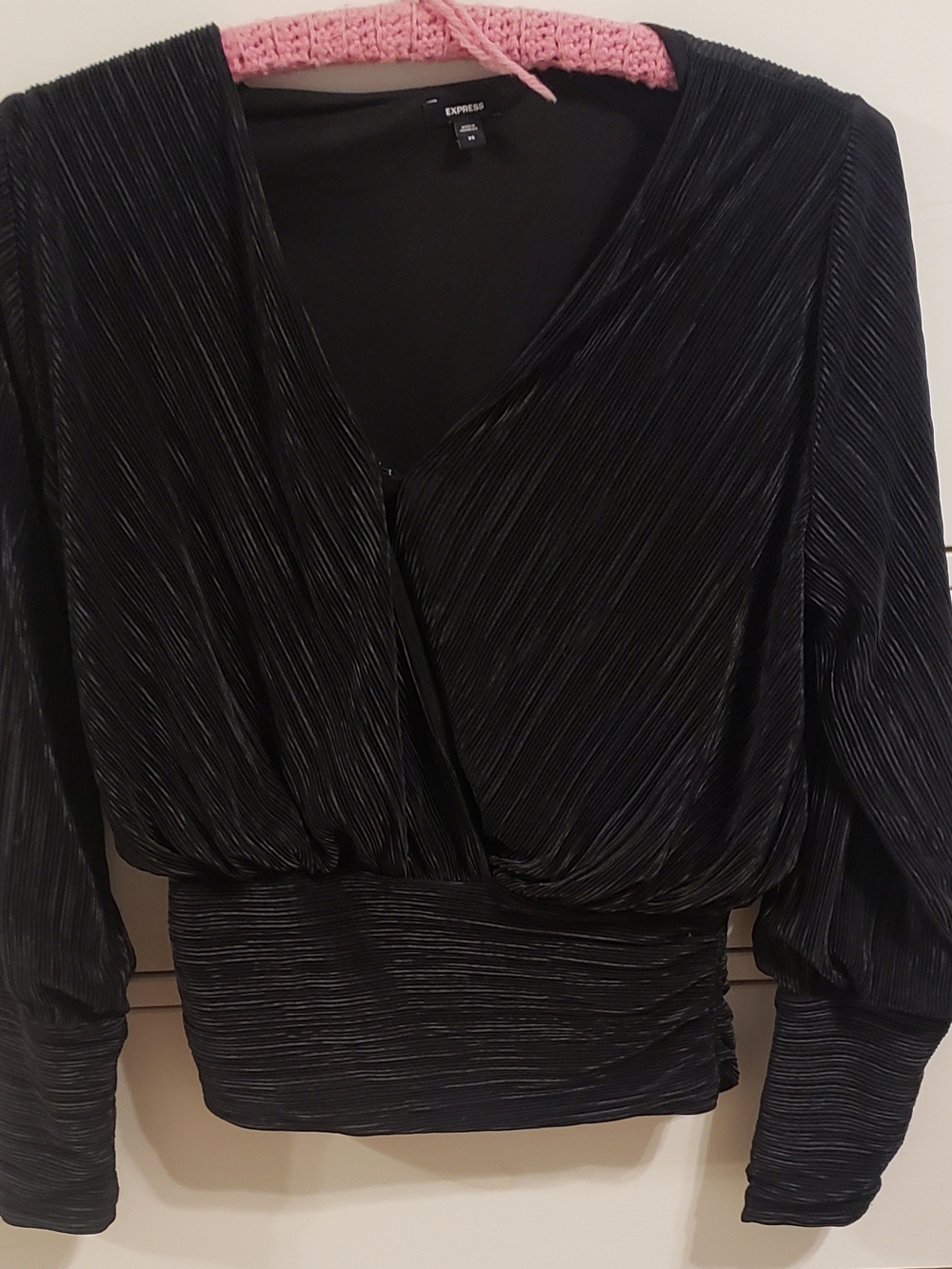 Express Black Pleated V-Neck Blouson Top with Smocked Waist